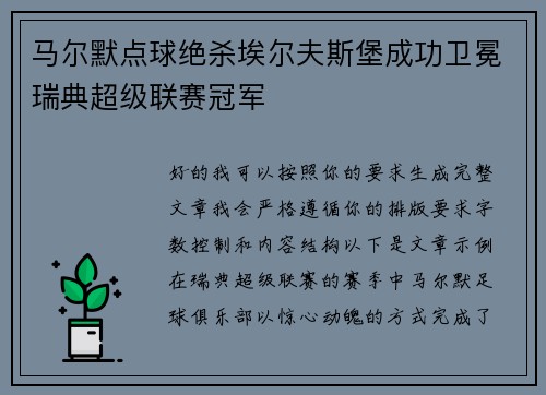 马尔默点球绝杀埃尔夫斯堡成功卫冕瑞典超级联赛冠军