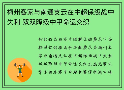 梅州客家与南通支云在中超保级战中失利 双双降级中甲命运交织 梅州客家与南通支云在中超保级战中失利 双双降级中甲命运交织